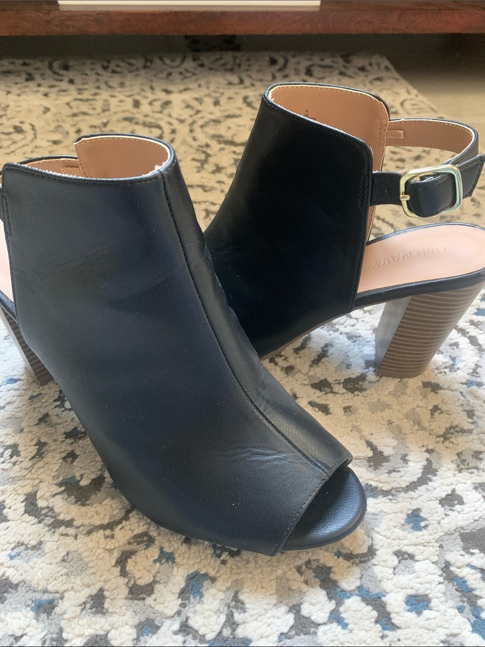 Black Peep-Toe Slingback Block Heels